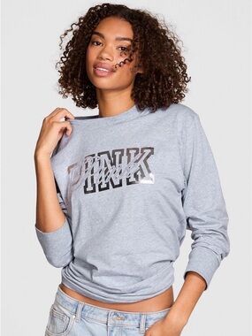 NWT Victoria's Secret Pink Bling Campus Tee Shirt Sz S Heather Gray Fashion Show